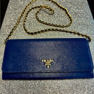 Prada Navy Leather Chain Clutch
